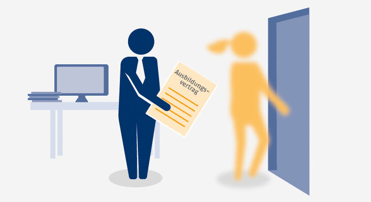 Die Illustration zeigt eine Figur mit Krawatte und Vertrag in der Hand und eine andere Figur, die unscharf ist und in Richtung einer Tür geht
